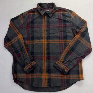 Express Mens Plaid Flannel Button Down Shirt Gray Orange Burgundy Cotton XL